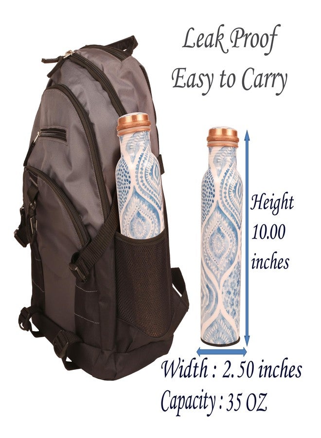 INDTRESOR Pure Copper Water Bottle - Handcrafted - Ayurveda health benefits - Large 35 oz - Leak proof - Easy to carry for Sports, Fitness, Yoga, School - Sky Blue Artistic Patterns Enamel - Image 4